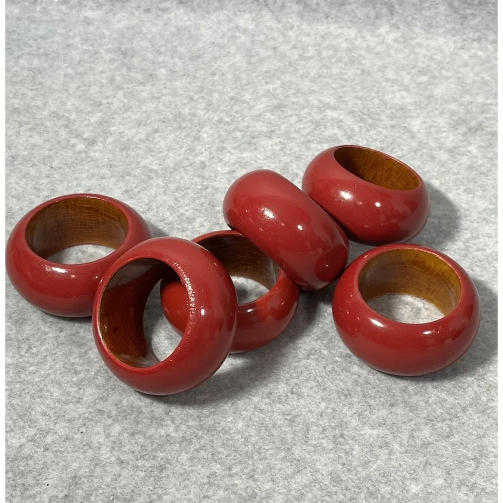 Red Lacquer Wood Napkin Rings Set of 6 Round Made‎ in India Table Decor Dining